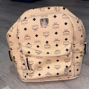MCM Cream Backpack with Logo and Gold Details